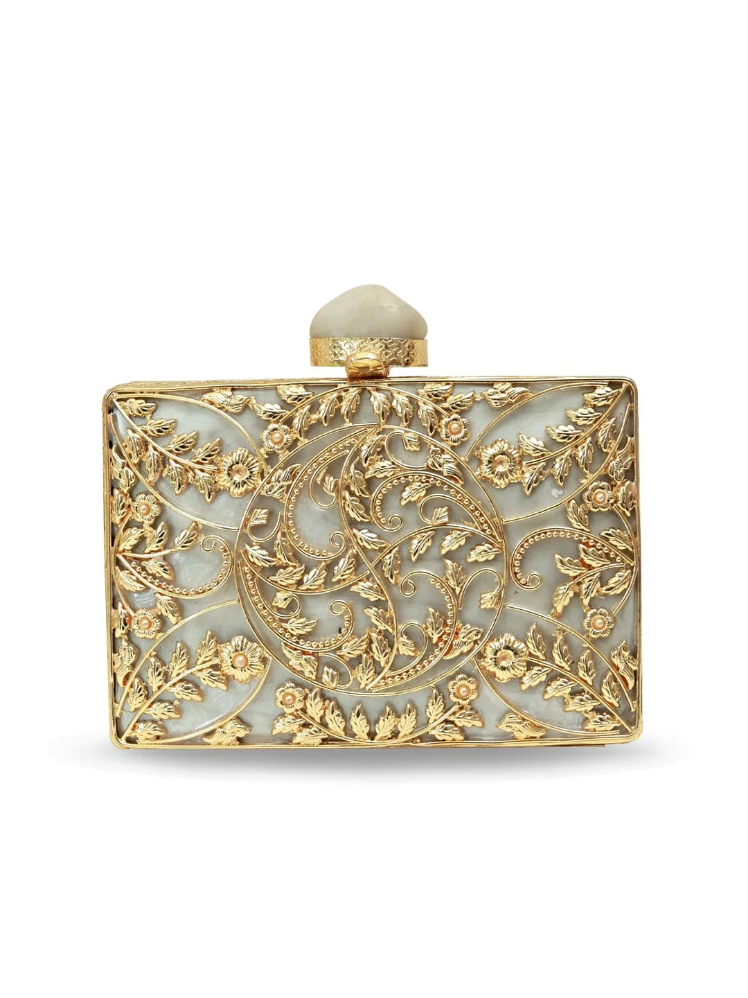 Uzma intricate brass clutch by The Tan Clan featuring detailed craftsmanship and a sleek, elegant design.