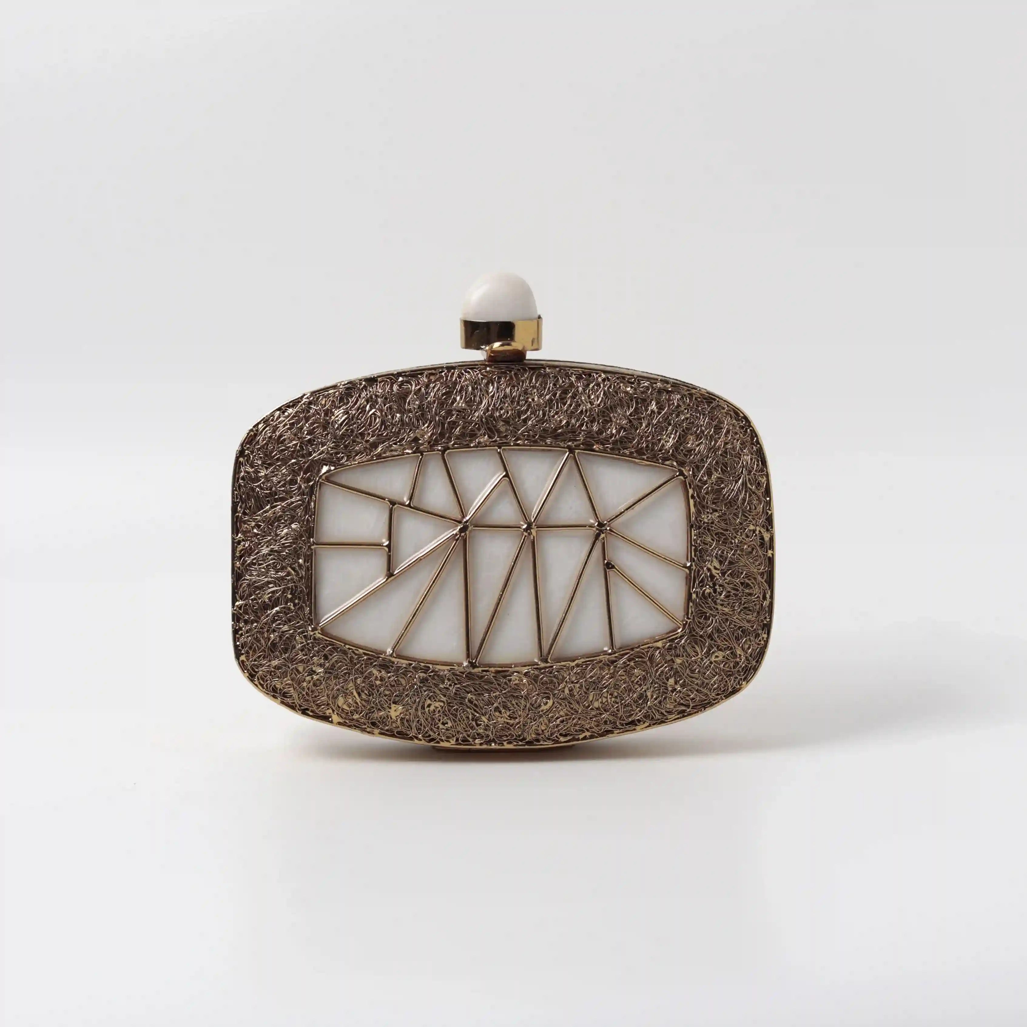 Alia Mother of Pearl Clutch by The Tan Clan, elegant evening bag with iridescent pearl finish and sleek design.