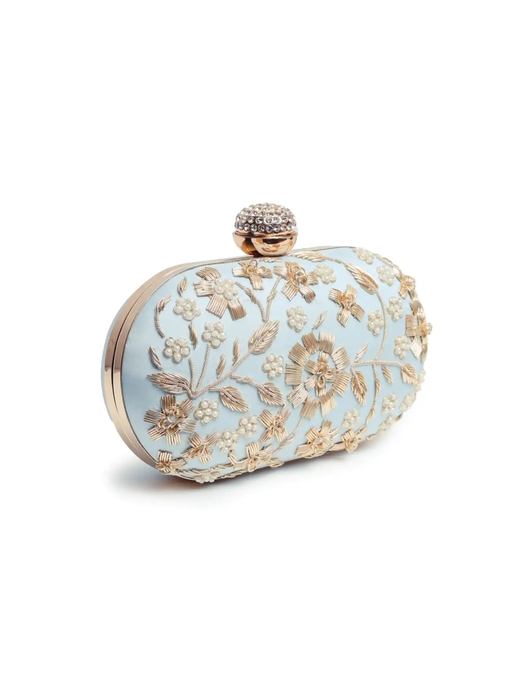 Elegant Baiza Zardozi hand-embroidered clutch bag with intricate zari detailing, from The Tan Clan.