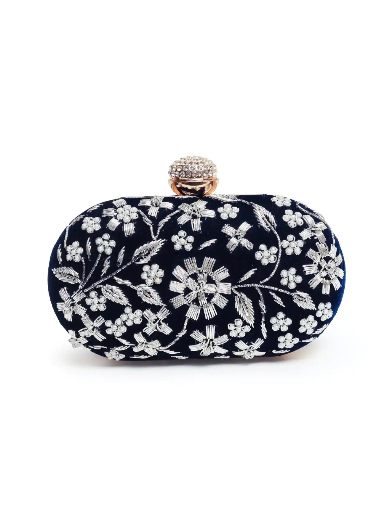 Elegant Baiza Zardozi hand-embroidered clutch bag with intricate gold thread work, crafted by The Tan Clan.