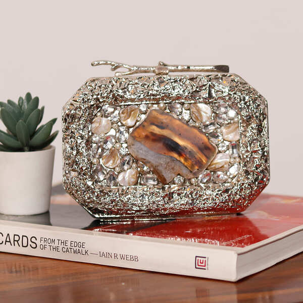 Burj embellished agate stone clutch by The Tan Clan showcasing intricate design and polished agate details.