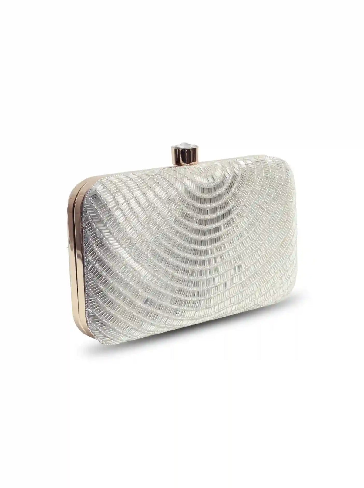 Silver hand-embroidered party clutch by The Tan Clan with a beige flap, featuring intricate Glitz Silver detailing.