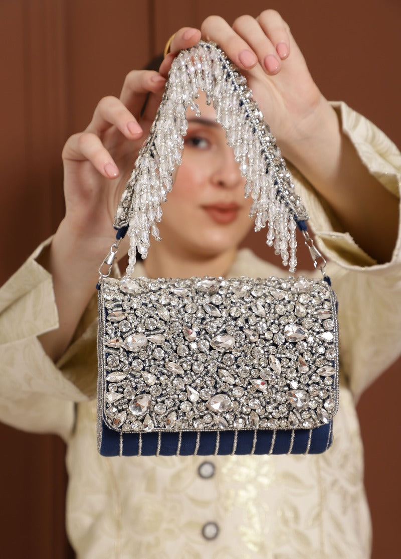 Blue Grace Embellished Flap Over Bag by The Tan Clan with decorative embellishments and a stylish flap closure