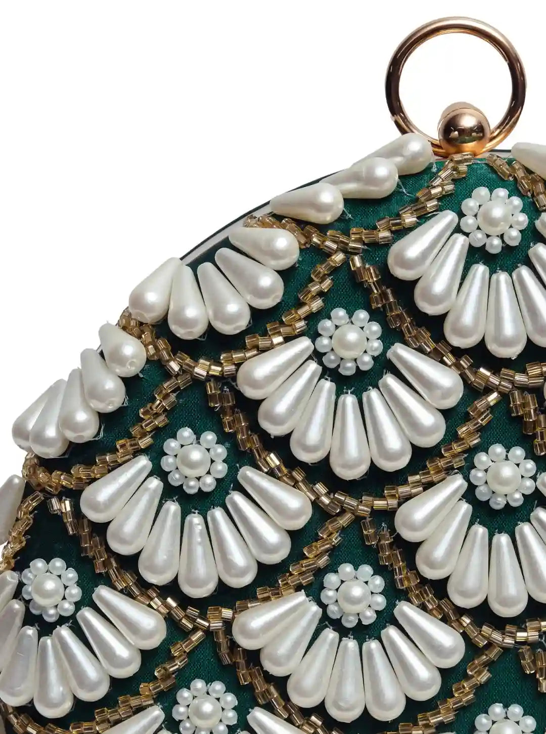 Round hand-embroidered clutch with tassels from The Tan Clan featuring intricate embroidery and colorful design.