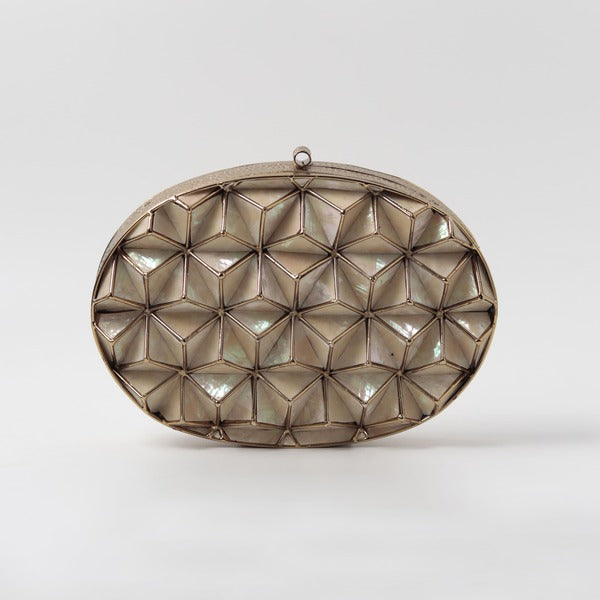 Elegant Maya 3D Mother of Pearl clutch by The Tan Clan with intricate pearl detailing and a sleek, stylish design.