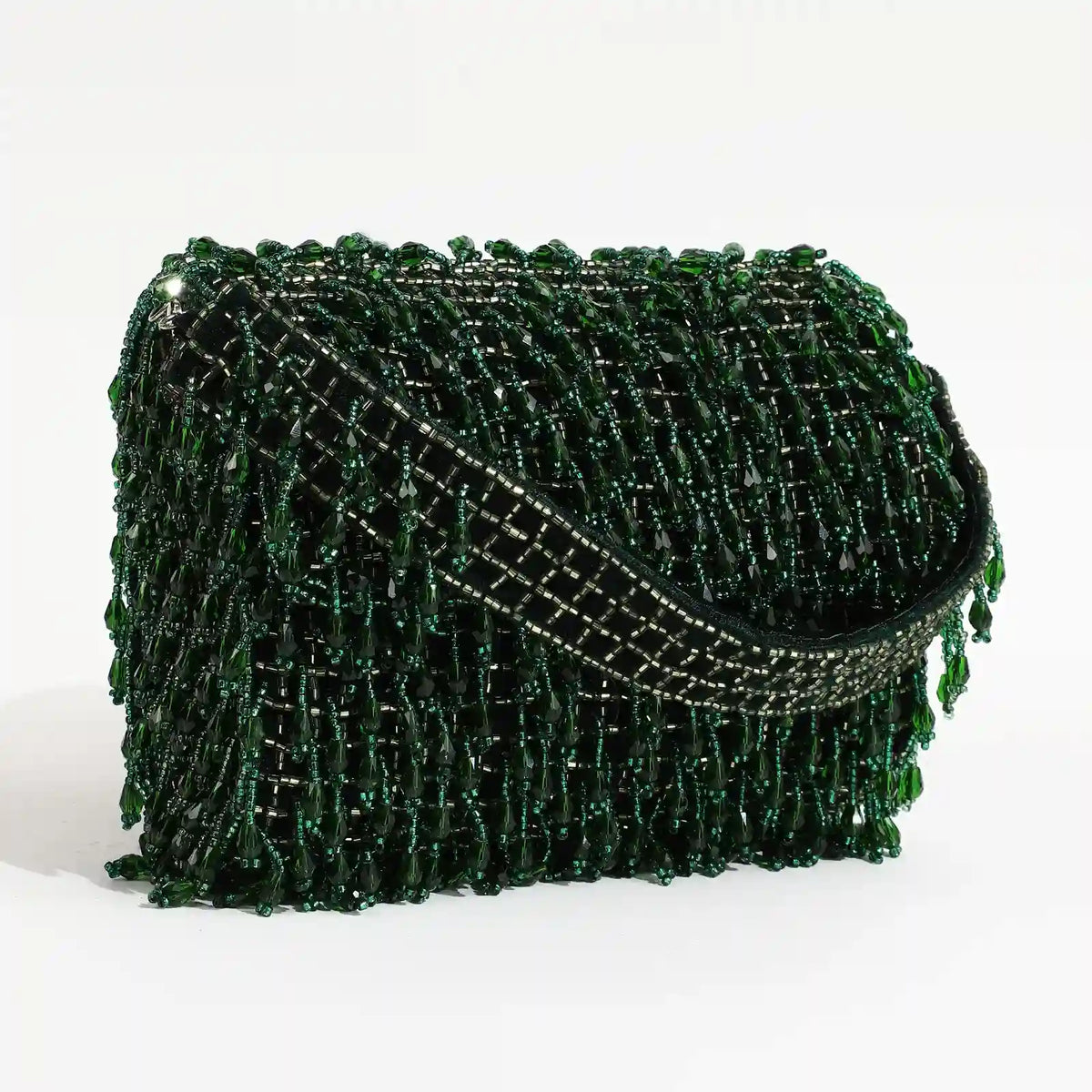 Rosa beaded flap-over clutch bag by The Tan Clan with intricate beading and a sleek design for elegant occasions.
