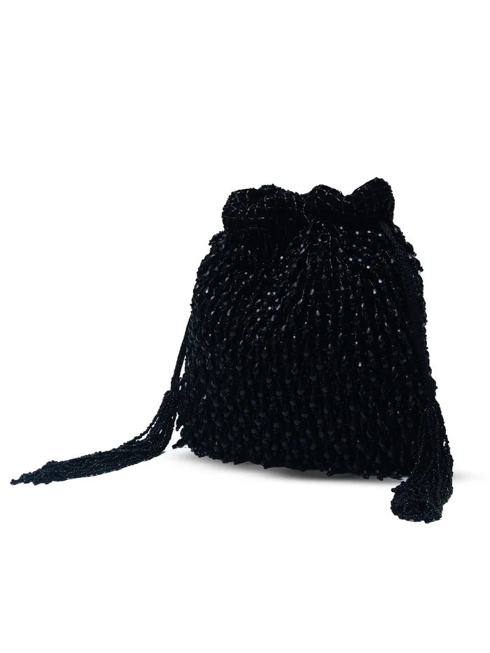 Rosa black Potli bag with handle from The Tan Clan, featuring traditional design and elegant textile detailing.