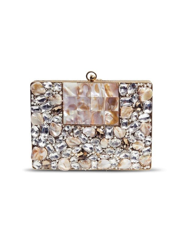 Elegant Saba embellished brass clutch bag by The Tan Clan with intricate design and metallic finish, perfect for evening events.