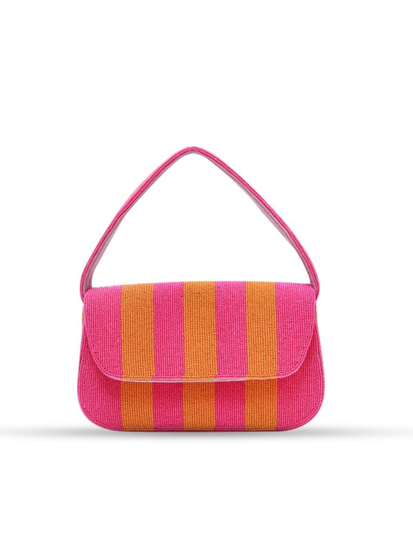 Orange and pink Tulip Baguette Bag with handle by The Tan Clan, featuring a sleek, rectangular design and stylish shoulder strap.
