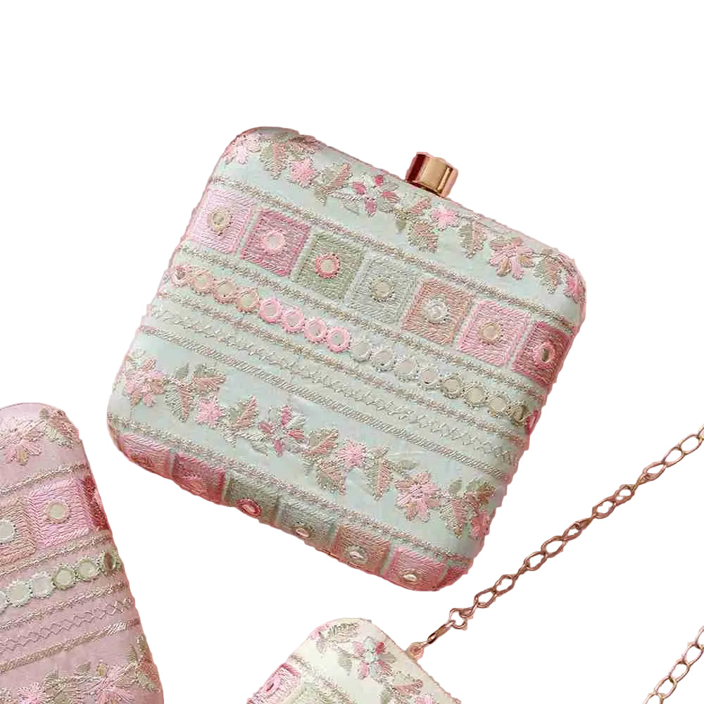 Green Phulwaari floral box clutch by The Tan Clan with intricate embroidery and traditional design for elegant occasions.