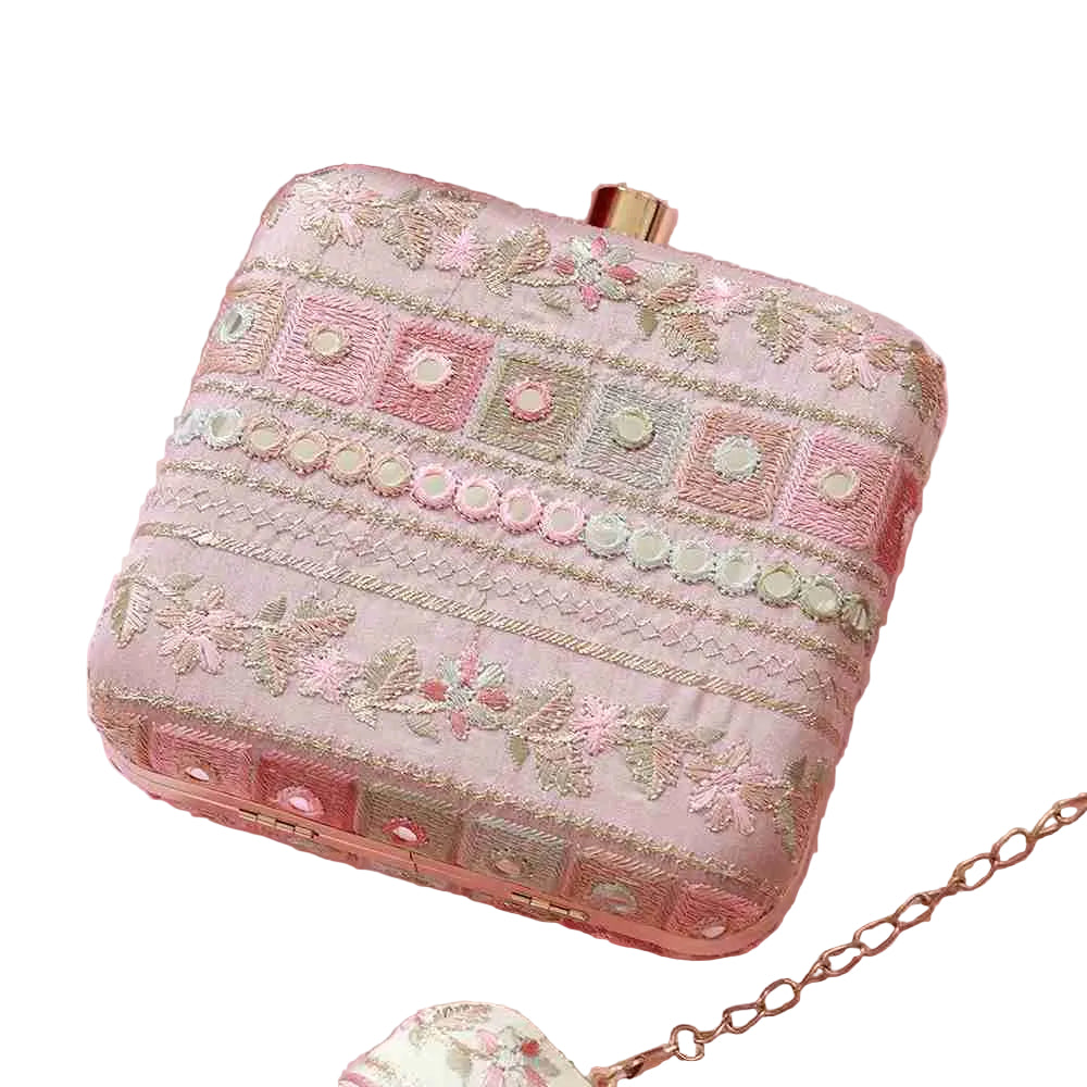 Green Phulwaari Floral Box Clutch by The Tan Clan featuring intricate floral embroidery and a sleek, compact design.