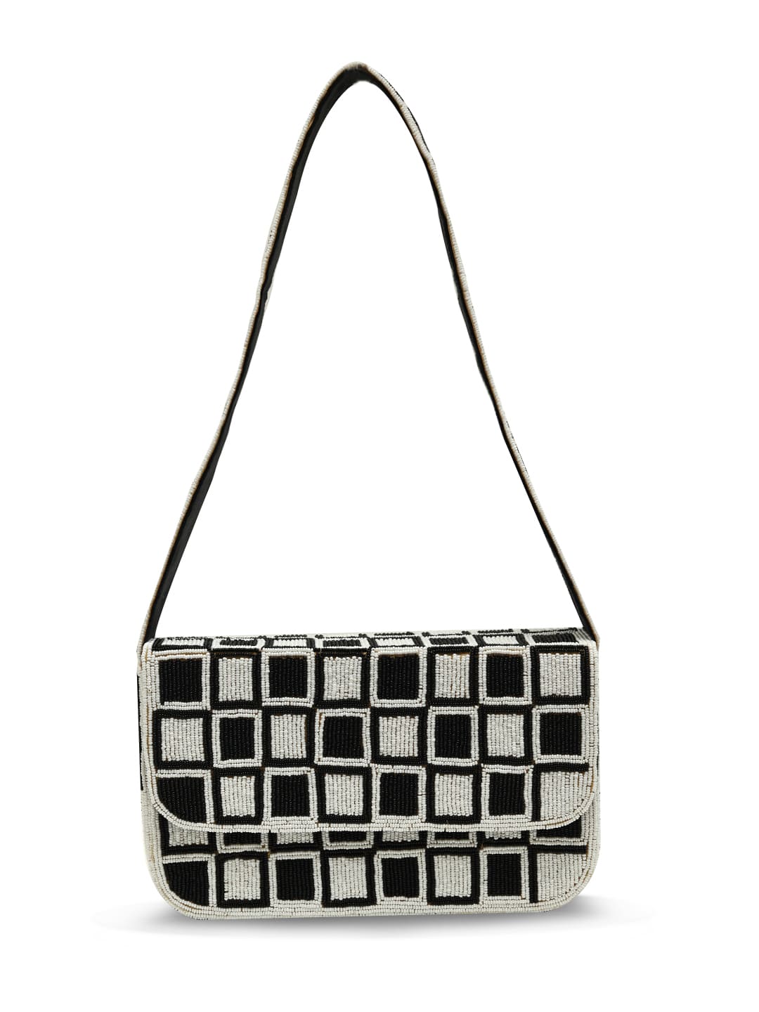 Blake checkered shoulder bag from The Tan Clan featuring a stylish black and white pattern and adjustable shoulder strap.