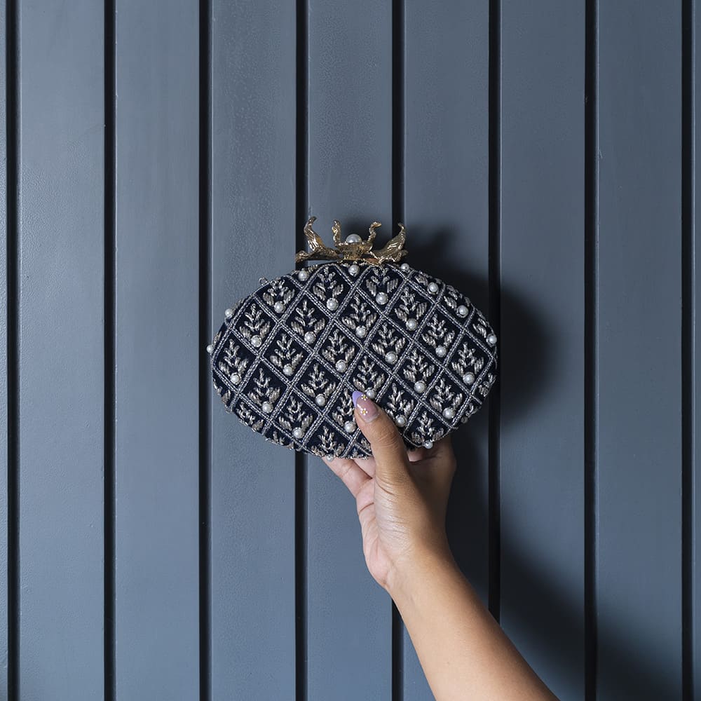 Zafraan Navy Blue Hand Embroidered Clutch