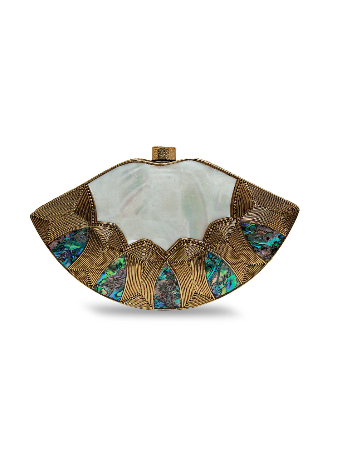 Zuri mother of pearl brass clutch by The Tan Clan, featuring a sleek design with iridescent pearl finish and gold-tone accents.