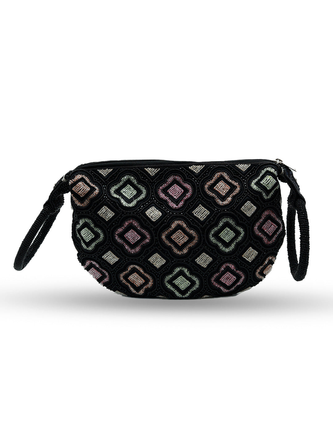 Black Luna Half Moon Bag by The Tan Clan, sleek batua bag with curved design and adjustable strap, displayed on a neutral background.