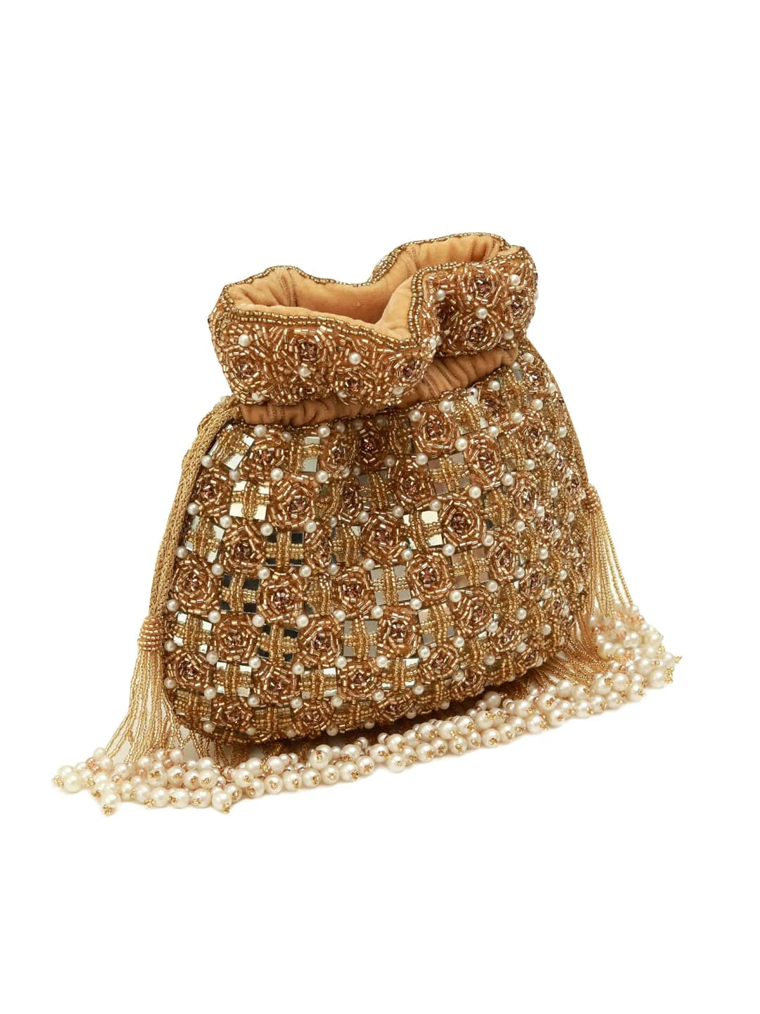 Decorative handbag with gold embroidery and pearl details on a white background