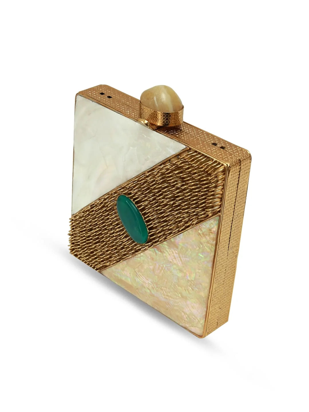 Gold and beige rectangular clutch with a green accent on a white background