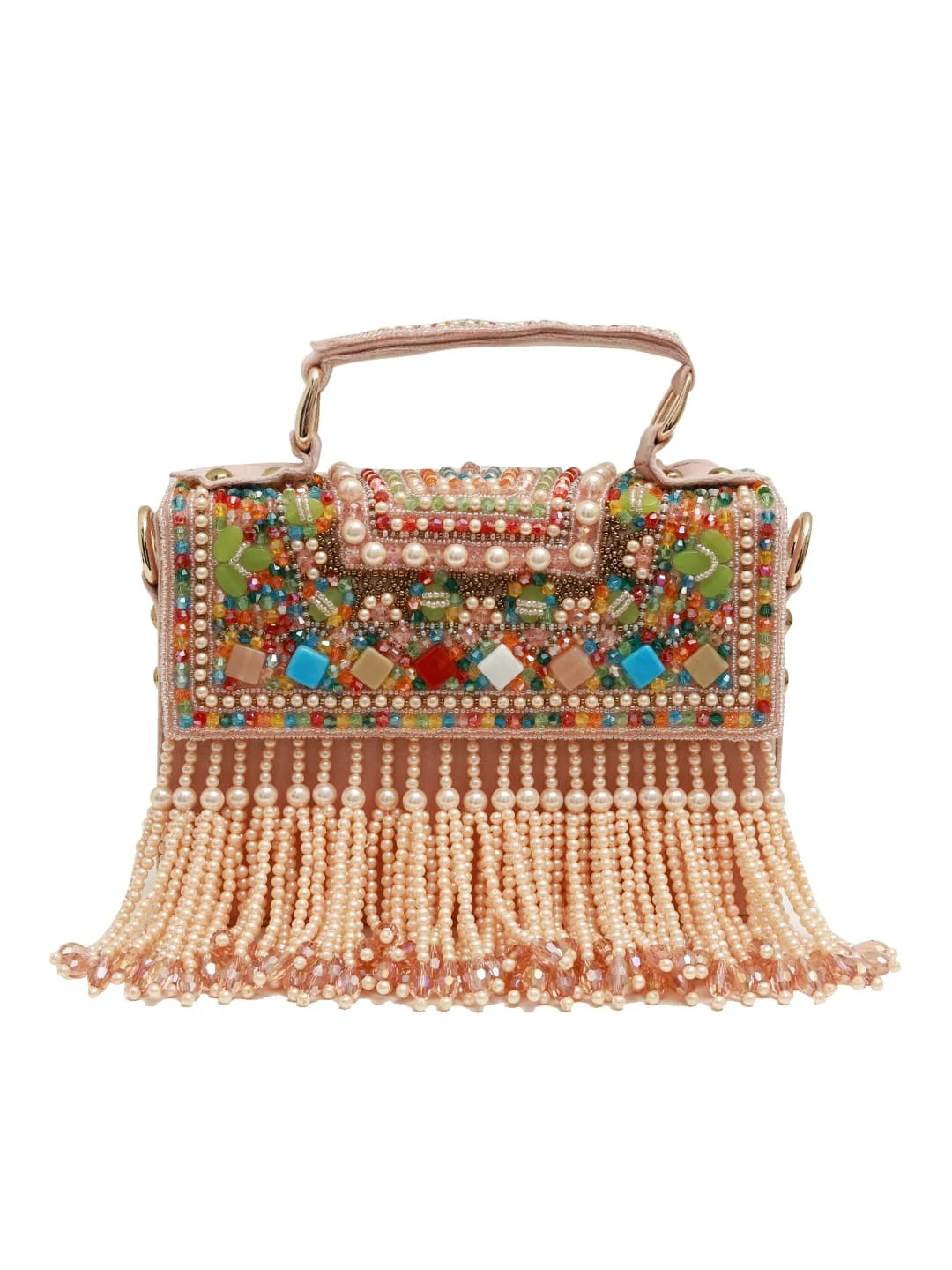 Decorative handbag with beads and fringes on a white background