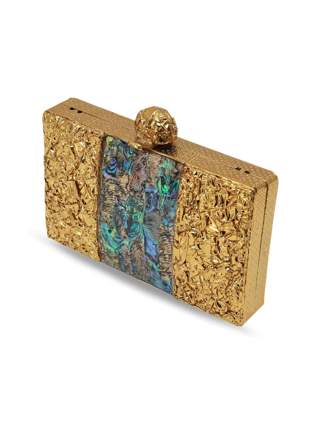 Gold clutch with a decorative design on a white background