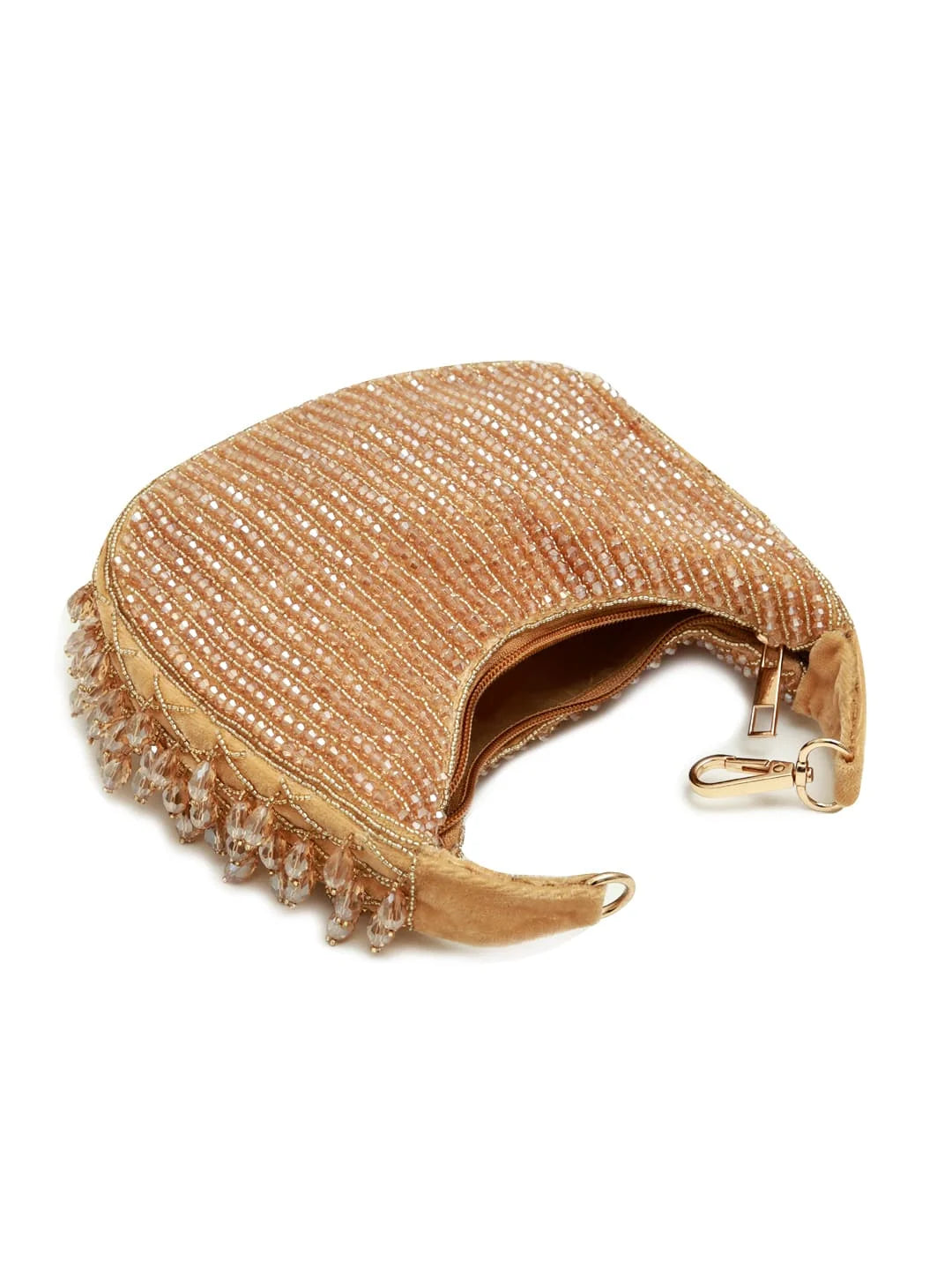 Gold beaded clutch purse on a white background