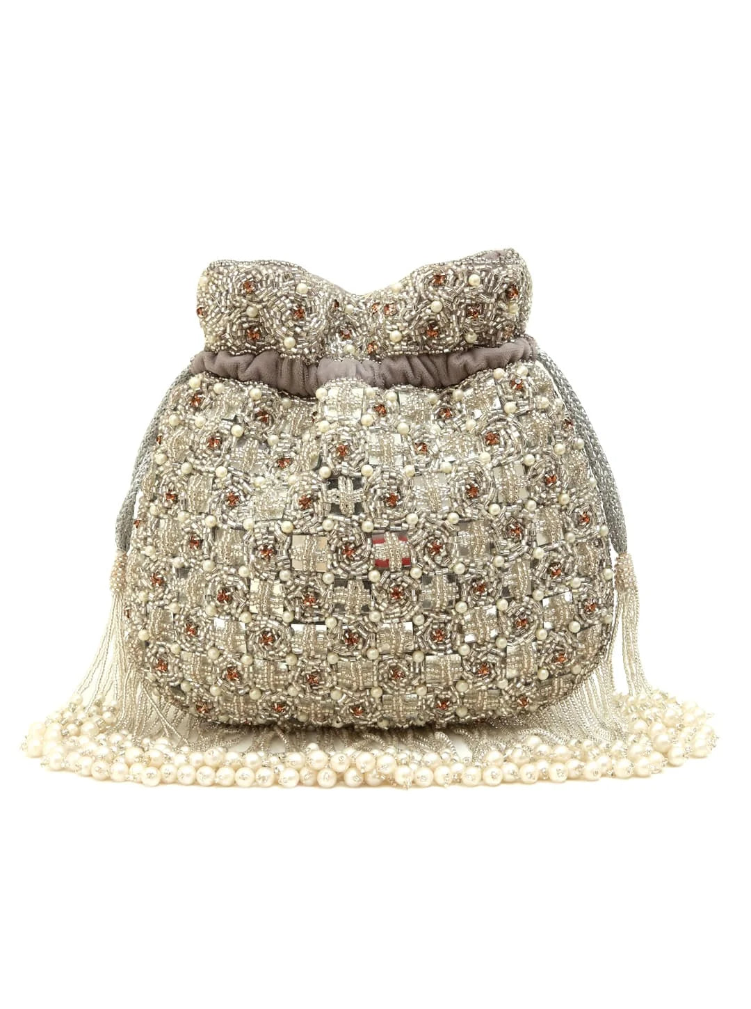 Decorative handbag with intricate design and pearl accents on a white background