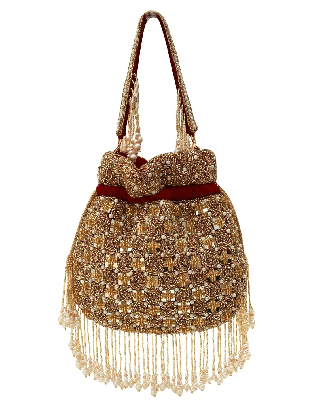 Gold beaded handbag with fringes on a white background