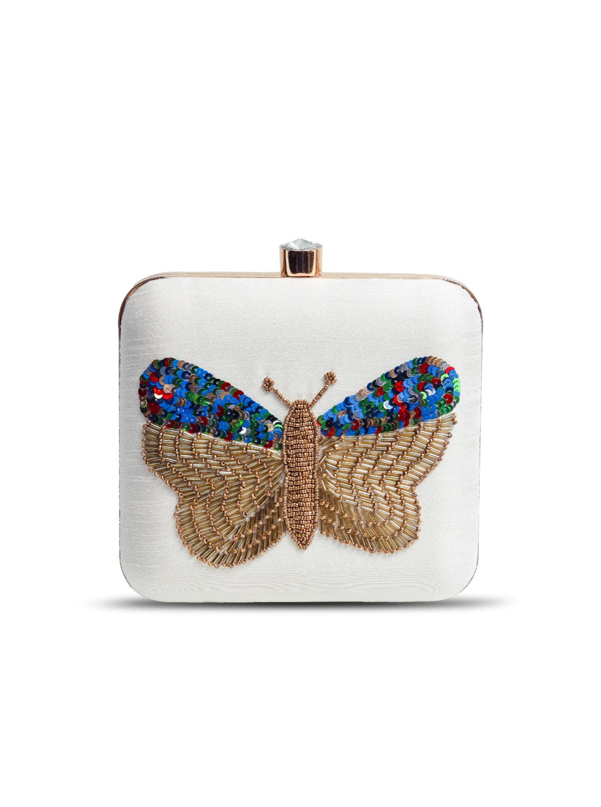 Nigah White Square Hand Embroidered Butterfly Clutch