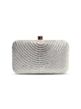 Silver hand-embroidered party clutch bag with intricate detailing, featuring a compact design perfect for evening events.