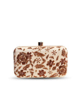 Beige Aabish hand-embroidered clutch bag by The Tan Clan with intricate embroidery and a sleek design.