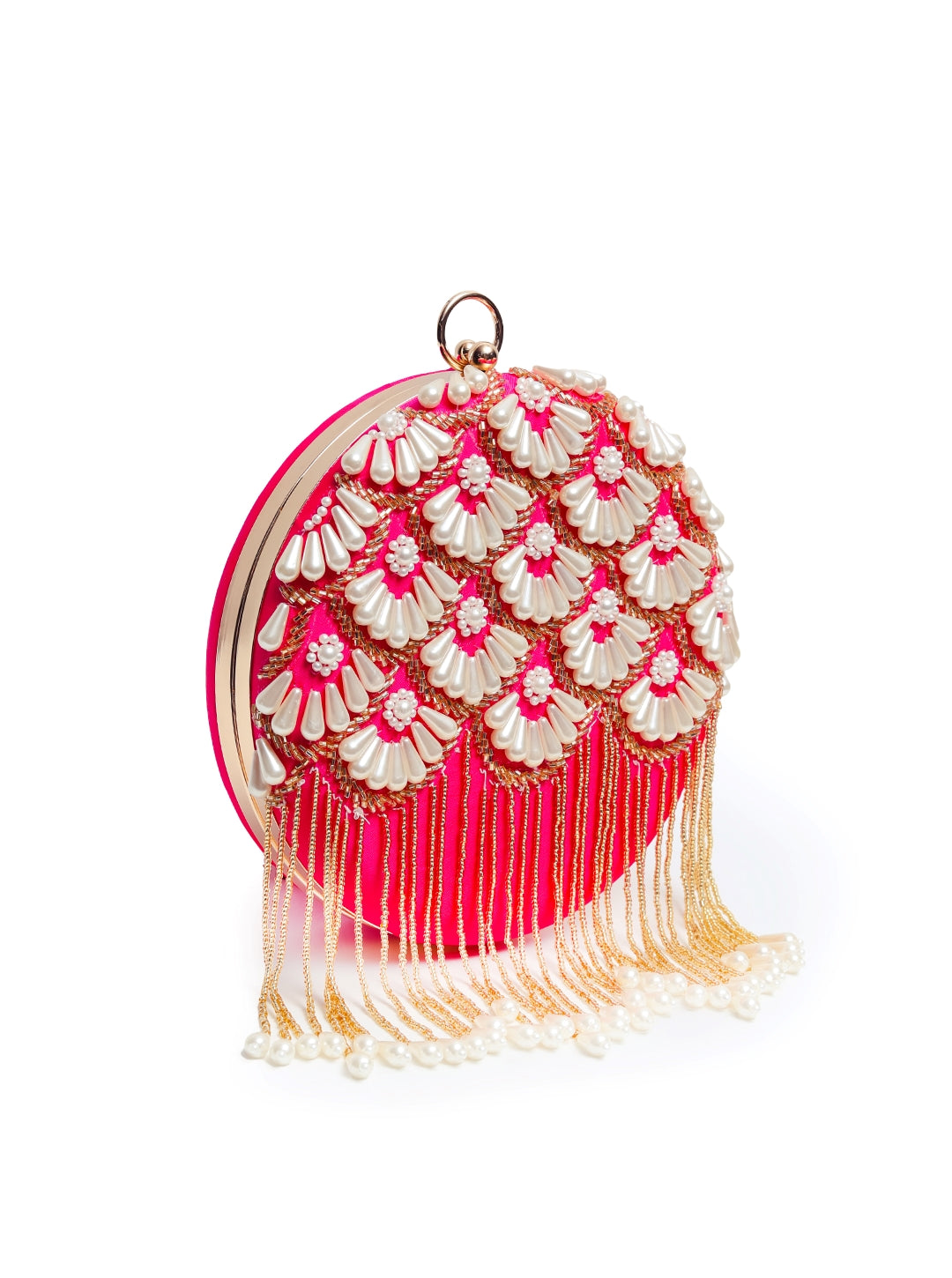 Round hand-embroidered clutch with tassels from The Tan Clan featuring intricate embroidery and stylish design.
