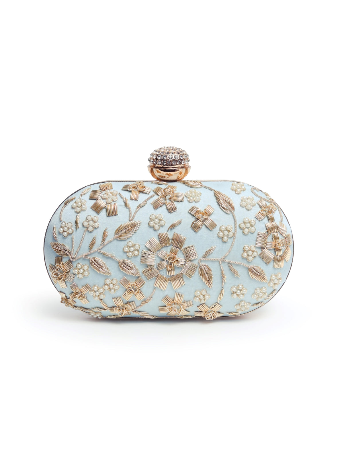 Elegant Baiza Zardozi hand-embroidered clutch bag with intricate gold threadwork and traditional design by The Tan Clan.