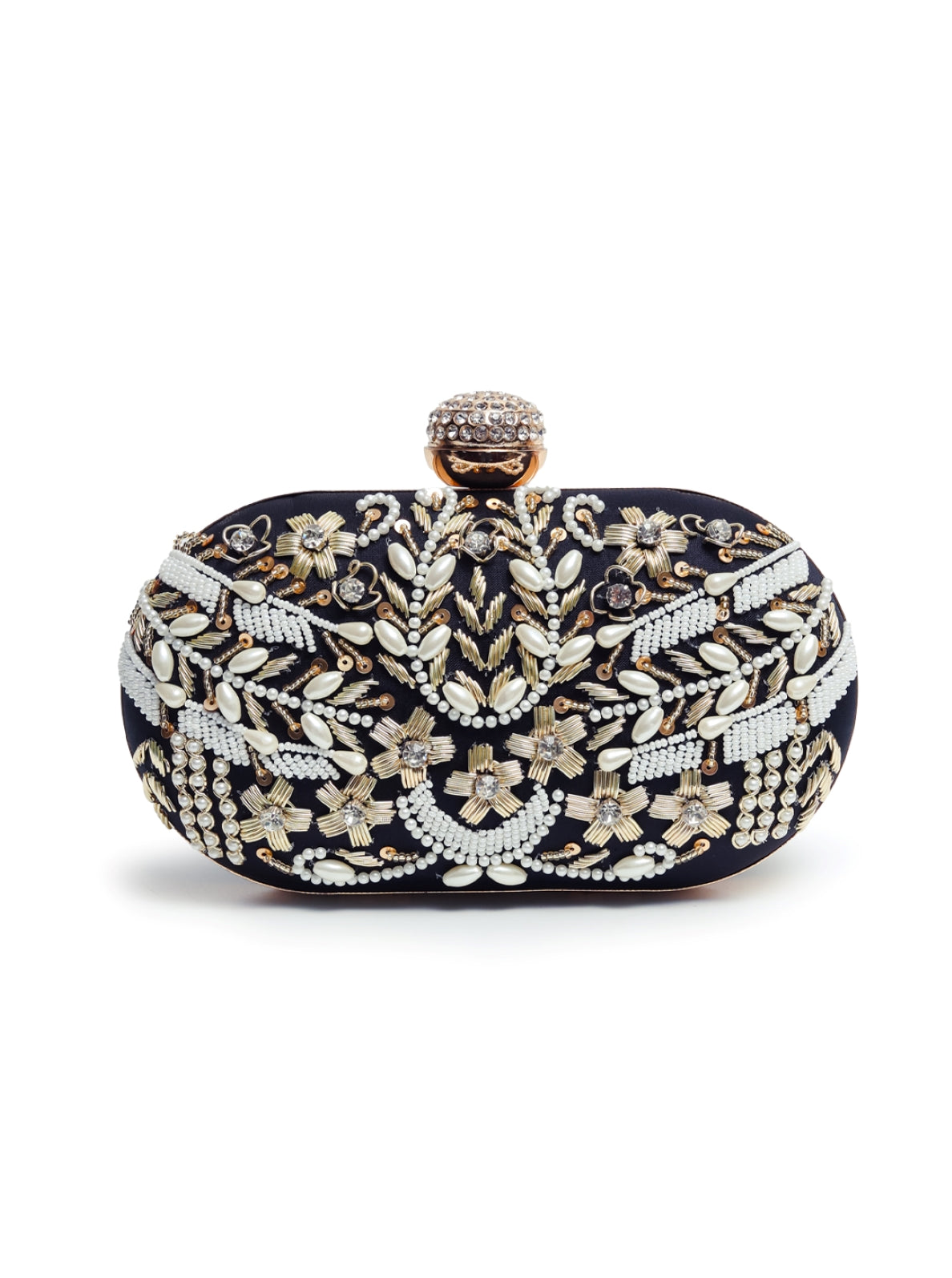 Elizah black Zardozi embroidered clutch with intricate hand embroidery and traditional design, perfect for elegant occasions.