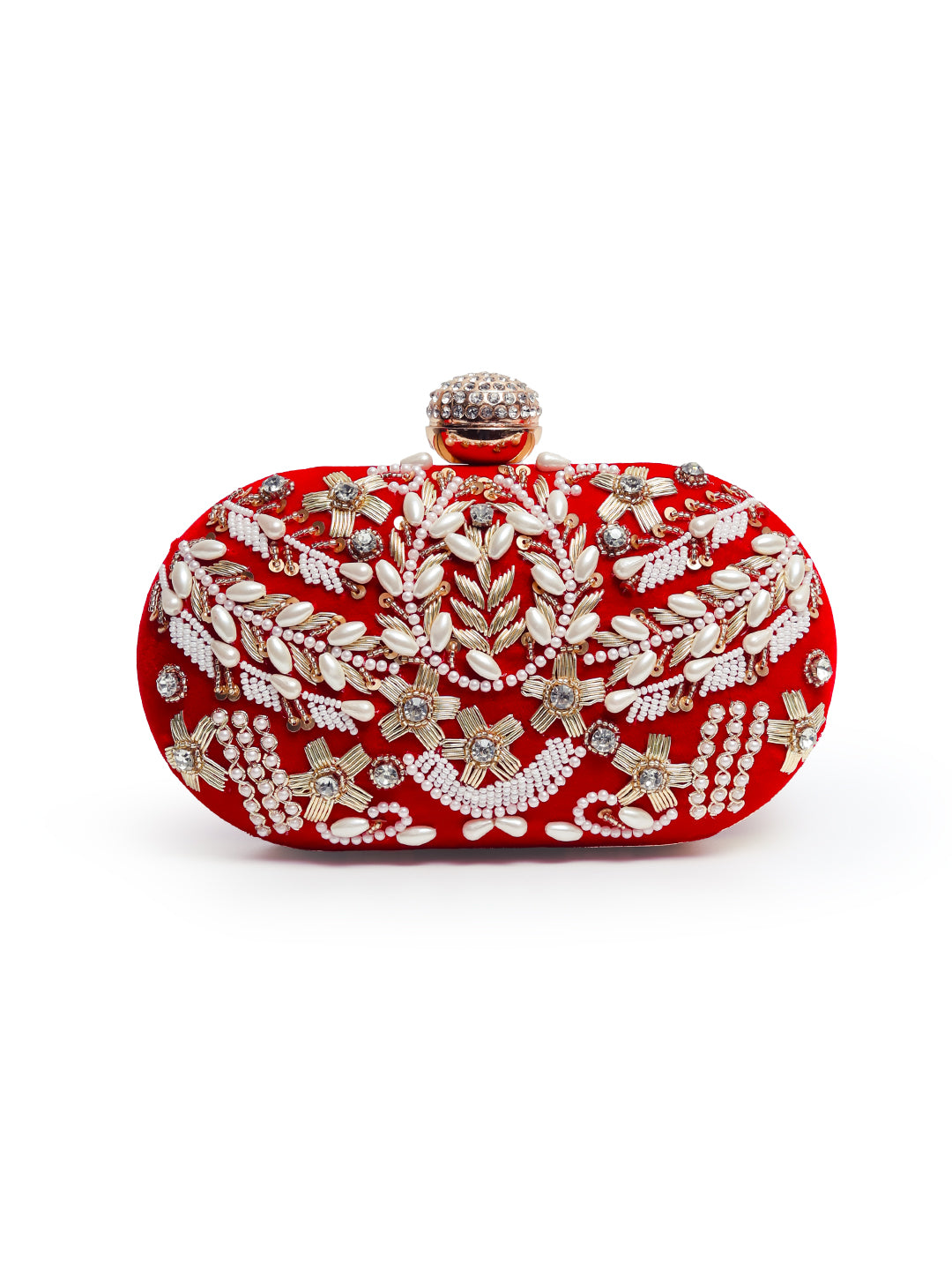 Red Zardozi embroidered clutch bag with intricate hand embroidery from The Tan Clan's Elizah collection.