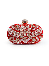 Red Zardozi embroidered clutch bag with intricate hand embroidery from The Tan Clan's Elizah collection.