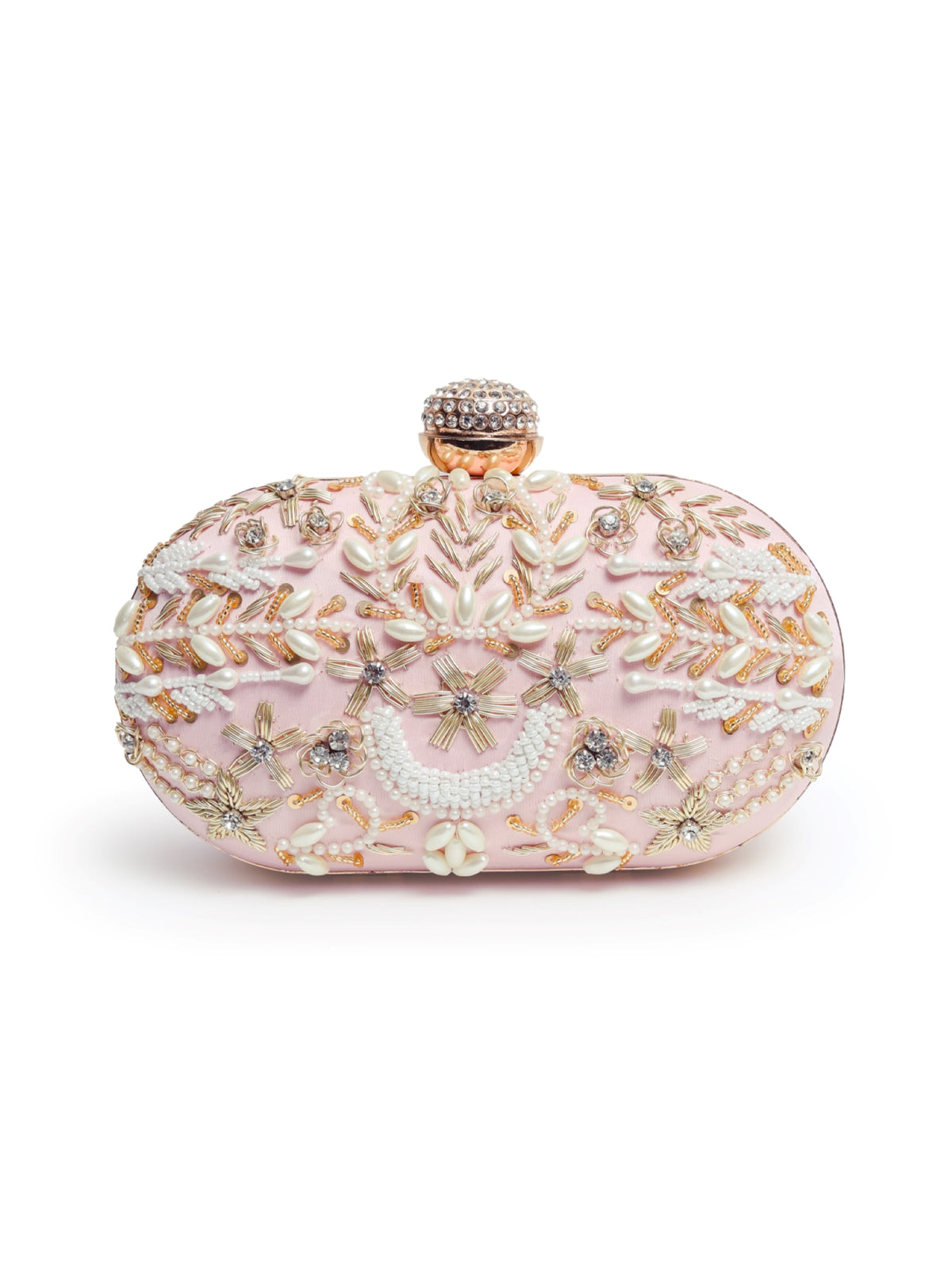 Pink Zardozi hand-embroidered clutch bag for babies, featuring intricate embroidery and elegant design by The Tan Clan.