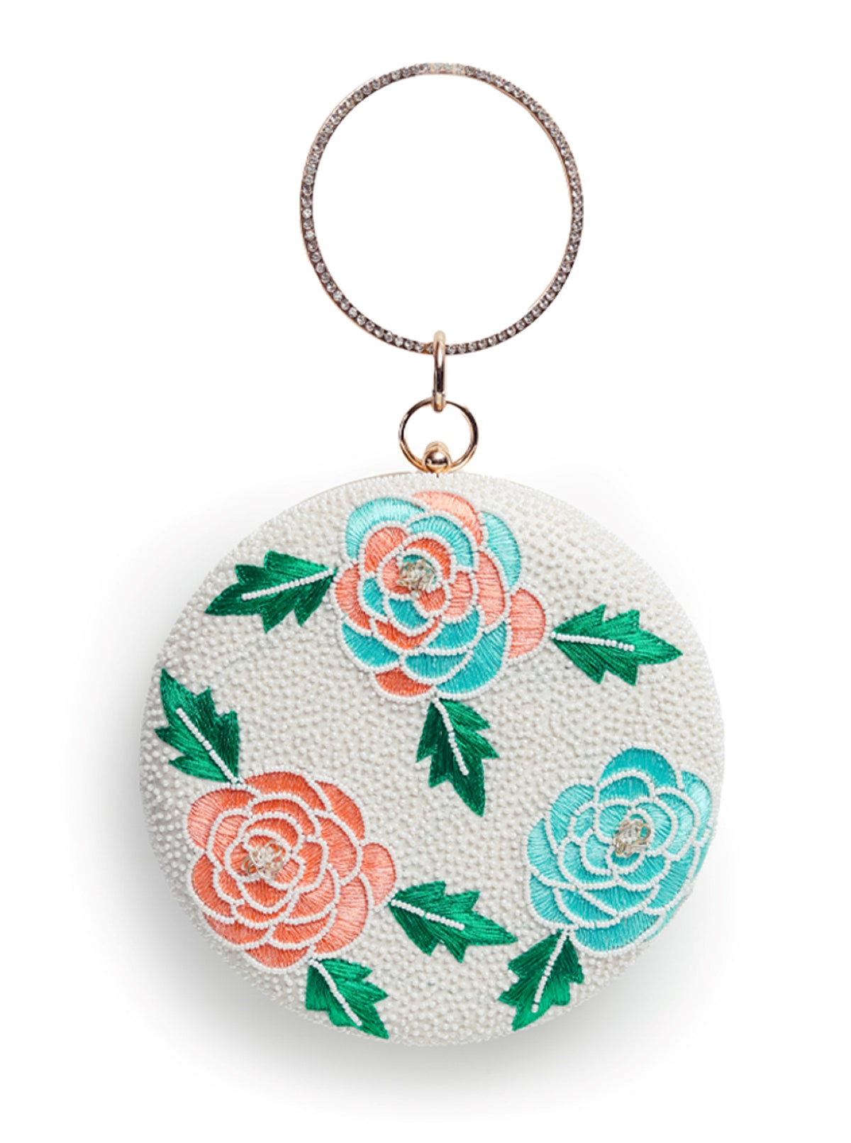 Zahra round floral hand-embroidered clutch by The Tan Clan featuring colorful floral embroidery on a round fabric surface.