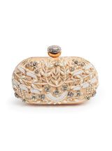 Elizah gold Zardozi hand-embroidered clutch with intricate embroidery, featuring traditional craftsmanship and elegant design.