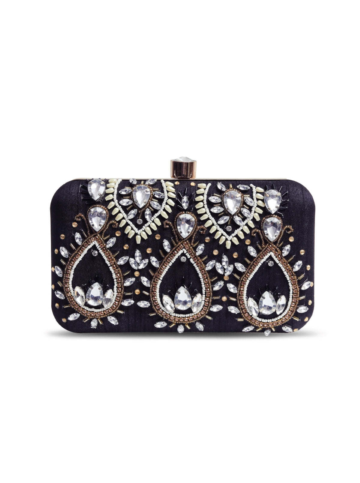 Kalah hand embroidered clutch bag by The Tan Clan featuring intricate colorful embroidery on a fabric background.