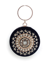 Hand embroidered Ifrah round clutch bag by The Tan Clan featuring intricate embroidery and a compact, stylish design.