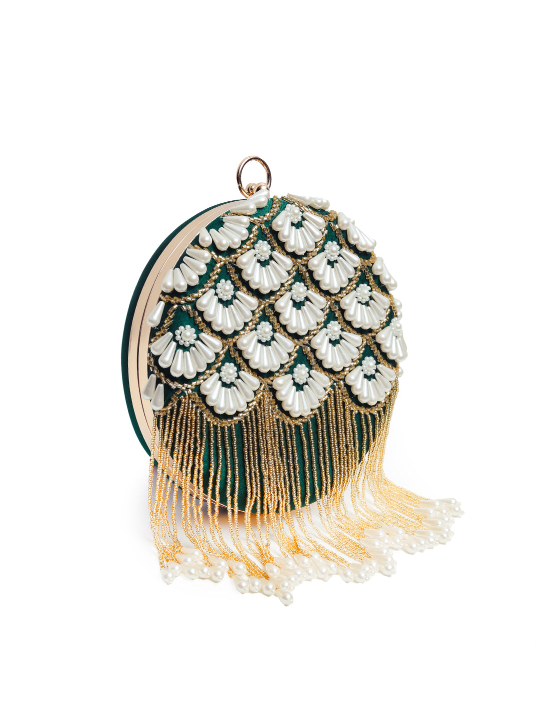 Irsa round hand-embroidered clutch with tassels by The Tan Clan, featuring intricate embroidery and decorative tassels.