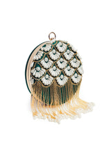 Irsa round hand-embroidered clutch with tassels by The Tan Clan, featuring intricate embroidery and decorative tassels.