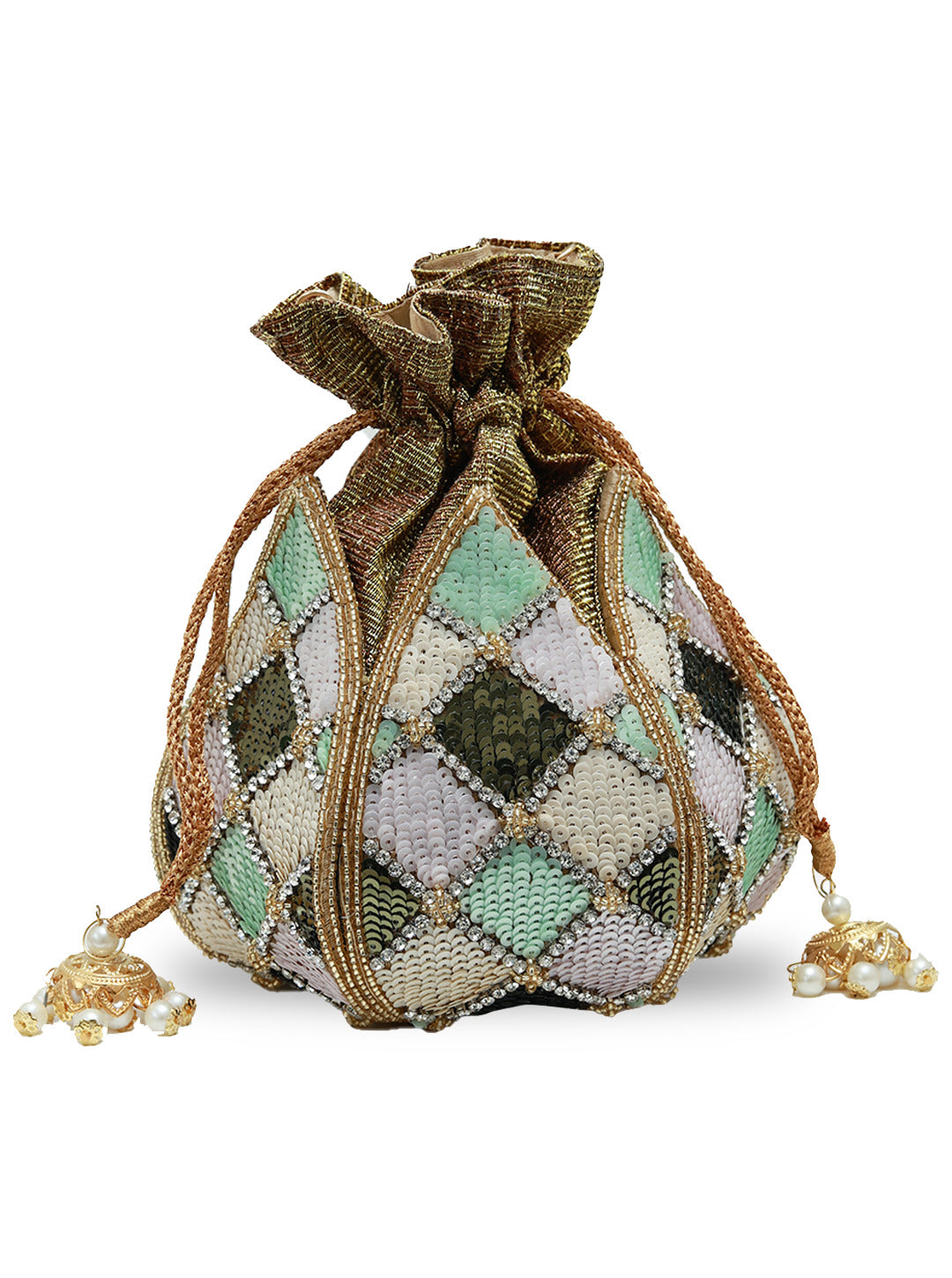 Ketki Lotus Potli bag by The Tan Clan with pearl handle, showcasing intricate lotus design and elegant craftsmanship.