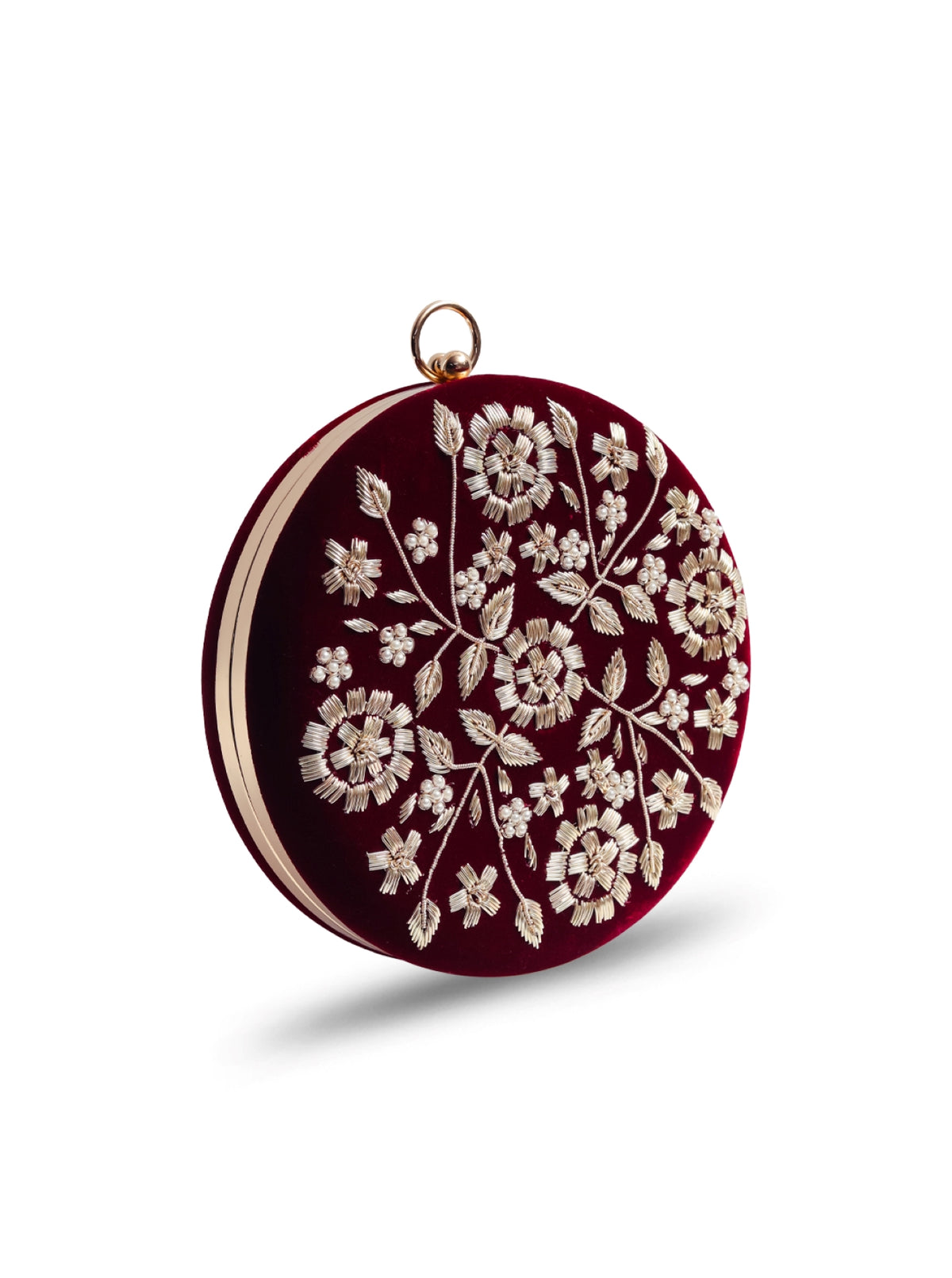 Maroon Shalimar hand-embroidered clutch bag with intricate embroidery, stylish accessory by The Tan Clan.