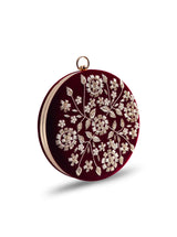 Maroon Shalimar hand-embroidered clutch bag with intricate embroidery, stylish accessory by The Tan Clan.