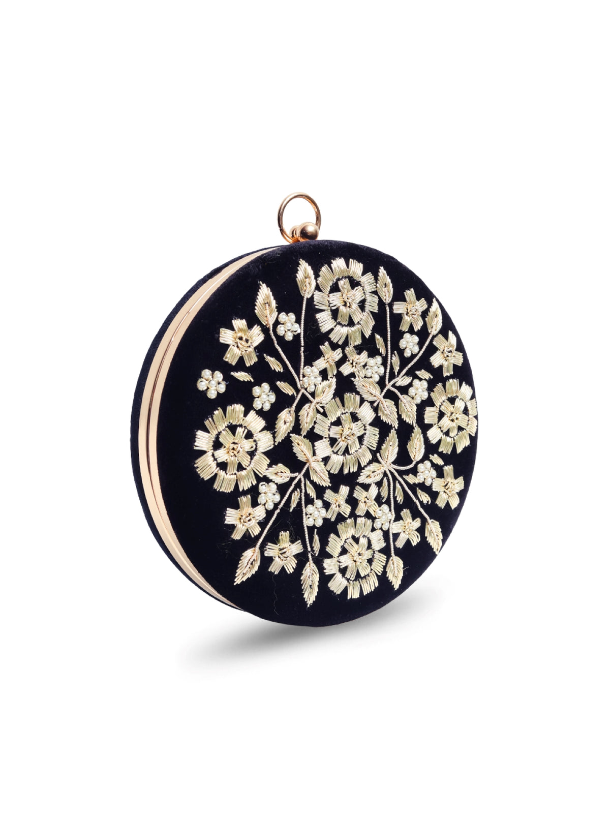 Black hand-embroidered clutch bag with intricate detailing, showcased by The Tan Clan's Shalimar Black Hand Embroidered Clutch.