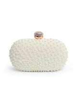 White pearl hand-embroidered clutch bag by The Tan Clan featuring intricate embroidery and elegant design.