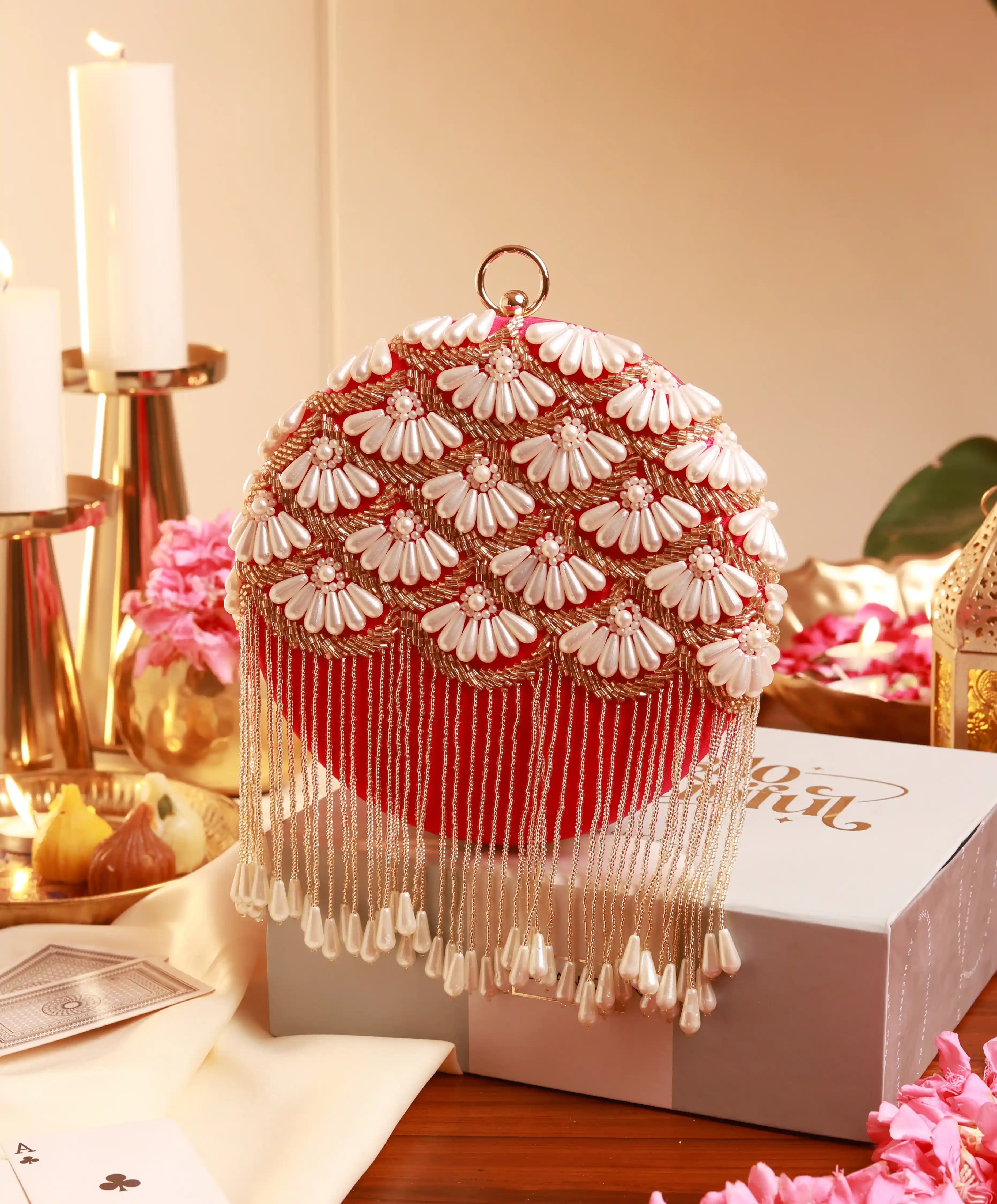 Irsa Round Hand Embroidered Clutch with Tassles