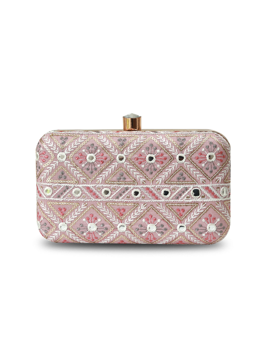 Pink box clutch by The Tan Clan with gold clasp and elegant design, perfect for evening or special occasions.