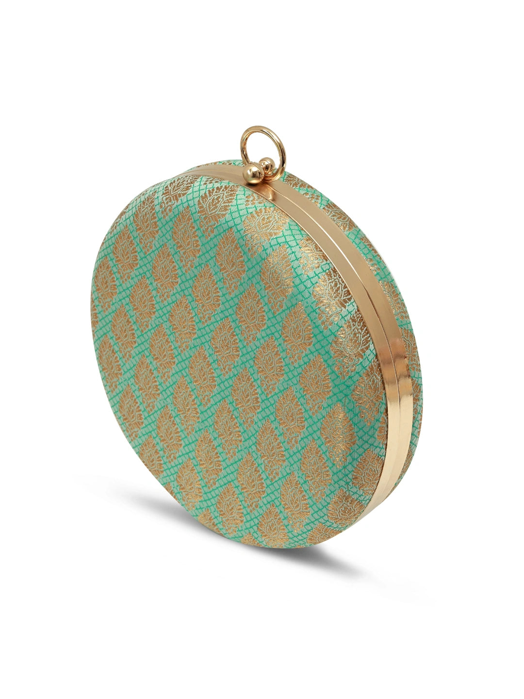 Classic green round clutch by The Tan Clan, featuring a smooth leather finish and a compact, stylish design.