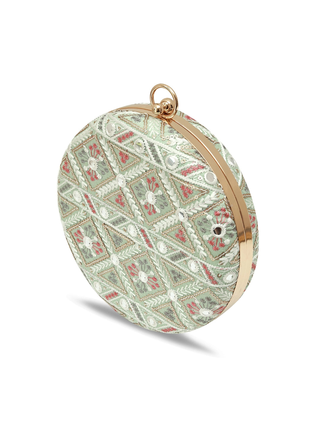 Green round clutch bag from The Tan Clan's Ariba collection with a smooth, stylish design and compact shape.